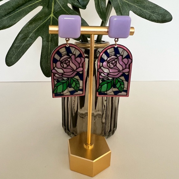 Art Nouveau Floral Stained Glass Earrings- Dangle Retro Flower Earrings - Picture 13 of 16